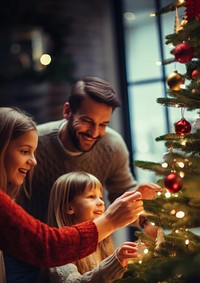 closeup photo of family decorating a Christmas tree.  