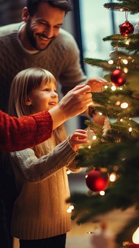 closeup photo of family decorating a Christmas tree.  