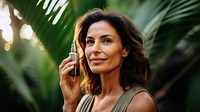 close up face shot photo of a middle aged hispanic woman face holding serum bottle close to her face.  