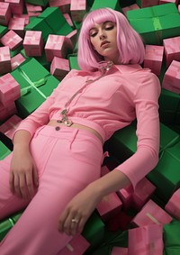 a woman lying on top of boxes of beeps in green, in the style of candycore, pink, berrypunk.  