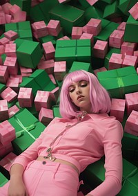 a woman lying on top of boxes of beeps in green, in the style of candycore, pink, berrypunk.  