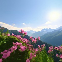 Landscape mountain flower sunlight. AI generated Image by rawpixel.