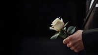 photo of hand in suit put white rose on a funeral casker.  