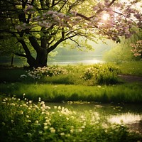 Spring green background sunlight nature garden. 