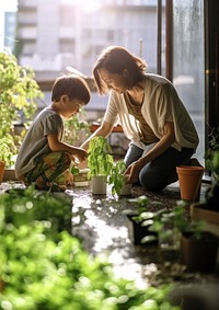 photo a Mother and son watering vegetables in their urban garden. AI generated Image by rawpixel. 