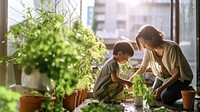 photo a Mother and son watering vegetables in their urban garden.  