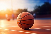 photo of Close-up of basketball on floor Field with Blurry Stadium in Background. 