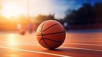 photo of Close-up of basketball on floor Field with Blurry Stadium in Background. 