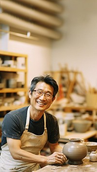 Photo of a thin middle age asian man wearingglasses, casual clothes and apron making pottery. AI generated Image by rawpixel.