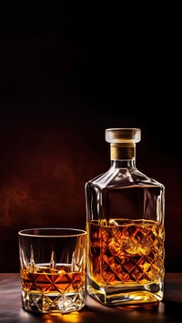 Photo of a whiskey glass and whiskey bottle. 