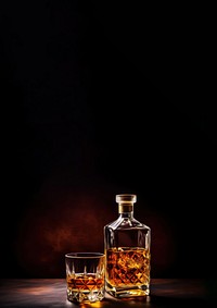 Photo of a whiskey glass and whiskey bottle. 