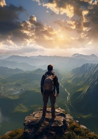 Photo of a backpacker on the top of the mountain. AI generated Image by rawpixel. 