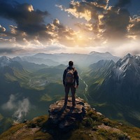 Photo of a backpacker on the top of the mountain.  