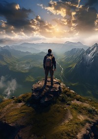 Photo of a backpacker on the top of the mountain 