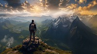 Photo of a backpacker on the top of the mountain. AI generated Image by rawpixel. 