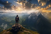 Photo of a backpacker on the top of the mountain. AI generated Image by rawpixel. 