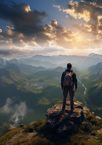 Photo of a backpacker on the top of the mountain. AI generated Image by rawpixel. 