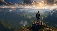 Photo of a backpacker on the top of the mountain. AI generated Image by rawpixel. 