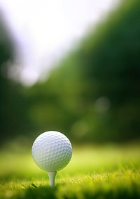 photo of a close up the golf ball on tee pegs ready to play, light green, natural light. 