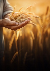 photo of a dusty farmer hand holding rice grain plant, agriculture background, copy space. 