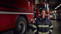 Photo of a female firefighter standing next to a foggy fire station. 