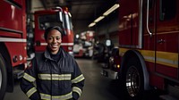 Photo of a female firefighter standing next to a foggy fire station. 