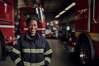 Photo of a female firefighter standing next to a foggy fire station. AI generated Image by rawpixel.