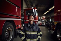 Photo of a female firefighter standing next to a foggy fire station. 