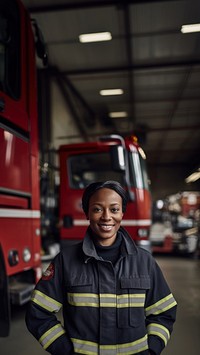 Photo of a female firefighter standing next to a foggy fire station. AI generated Image by rawpixel.