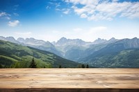 Wooden table mountain wood sky. 