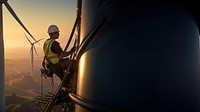 Wind turbine worker checking installation. 