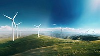 Wind turbines on mountain background. 