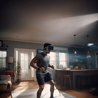 Man wearing VR, exercising. 