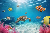 Sea turtle & fish marine life nature remix
