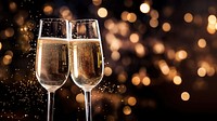 A photo of two champagne glasses with sparkling fireworks in the background.  