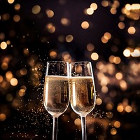 A photo of two champagne glasses with sparkling fireworks in the background.  