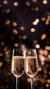 A photo of two champagne glasses with sparkling fireworks in the background 