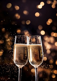 A photo of two champagne glasses with sparkling fireworks in the background.  