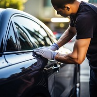 Man cleaning car with microfiber cloth, car detailing.  