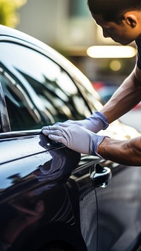 Man cleaning car with microfiber cloth, car detailing.  