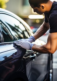 Man cleaning car with microfiber cloth, car detailing.  