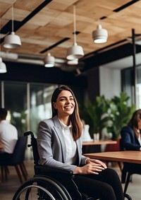 photo of a business woman in wheelchair presenting work in meeting room.  