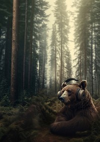 Grizzly bear wearing headphones. 