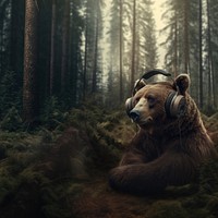 Grizzly bear wearing headphones. 