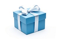 Gift box blue bow white background. 