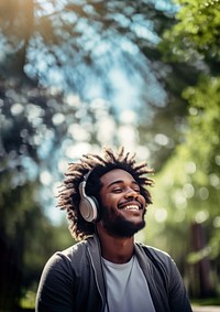 Happy man headphones listening outdoors.  