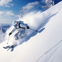 photo of Hokkaido ski resort, person skiing, copy space.  