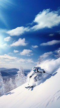 photo of Hokkaido ski resort, person skiing, copy space.  