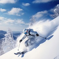 photo of Hokkaido ski resort, person skiing, copy space.  