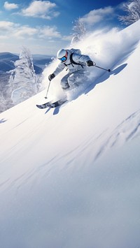 photo of Hokkaido ski resort, person skiing, copy space.  